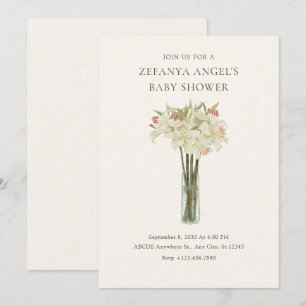 Beige lily flower in vase minimalist baby shower invitation