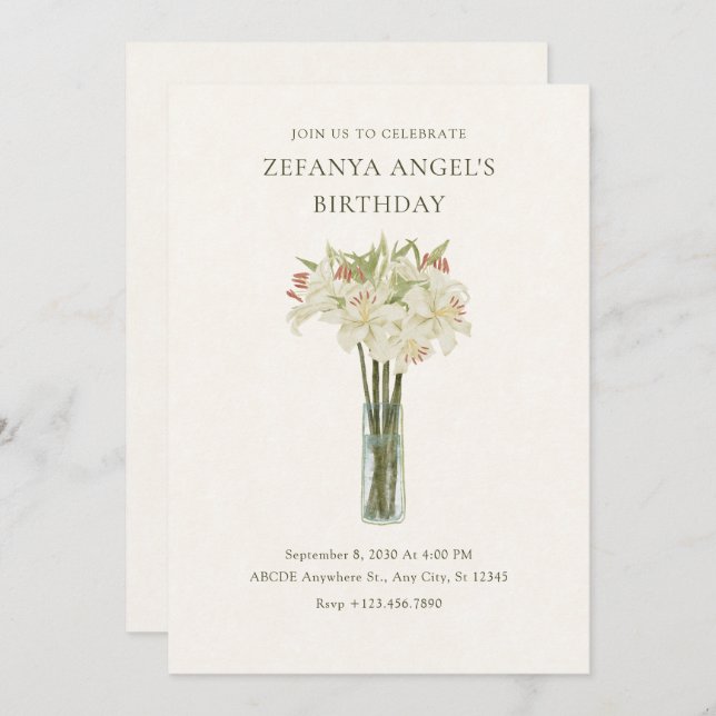 Beige lily flower in vase minimalist birthday invitation (Front/Back)