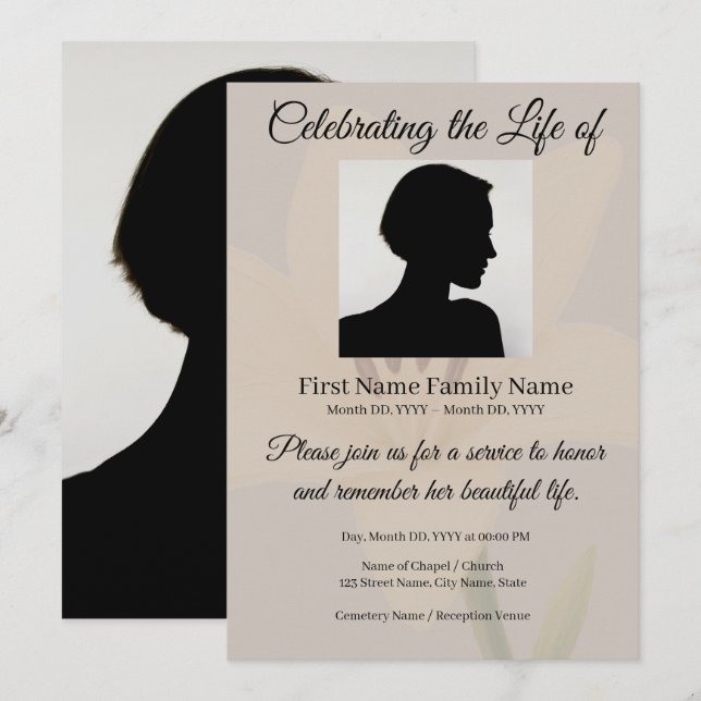 Beige lily memorial invitation (Front/Back)