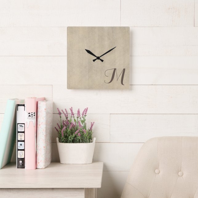 Beige Lime Wash Luxurious Monogram   Square Wall Clock (Reading Room)