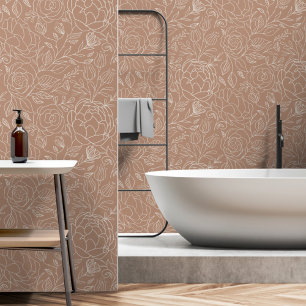 Beige Line Drawing Floral Botanical Pattern Wallpaper