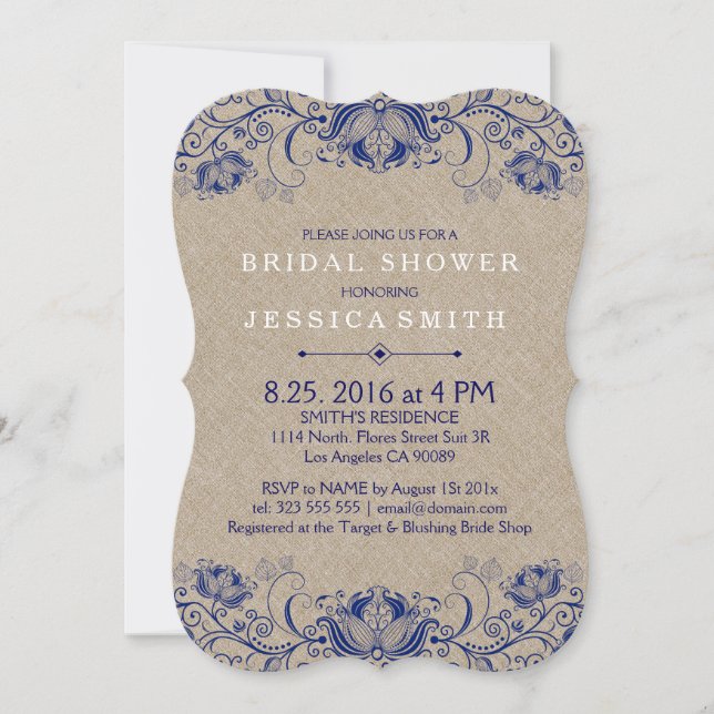 Beige Linen And Navy Blue Lace Invitation (Front)