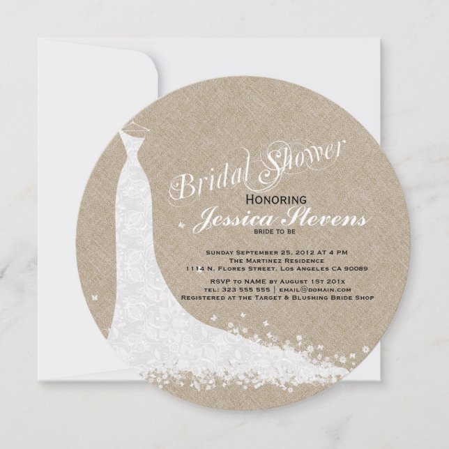 Beige Linen And White Lace Wedding Dress Invitation (Front)