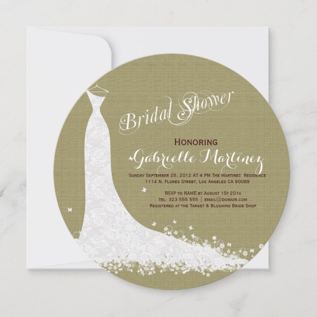 Beige Linen And White Lace Wedding Dress Invitation (Front)