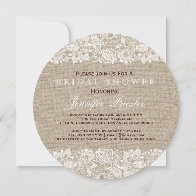Beige Linen Burlap & White Floral Lace 2 Invite (Front)