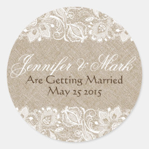 Beige Linen Burlap & White Floral Lace 2 Invite Classic Round Sticker