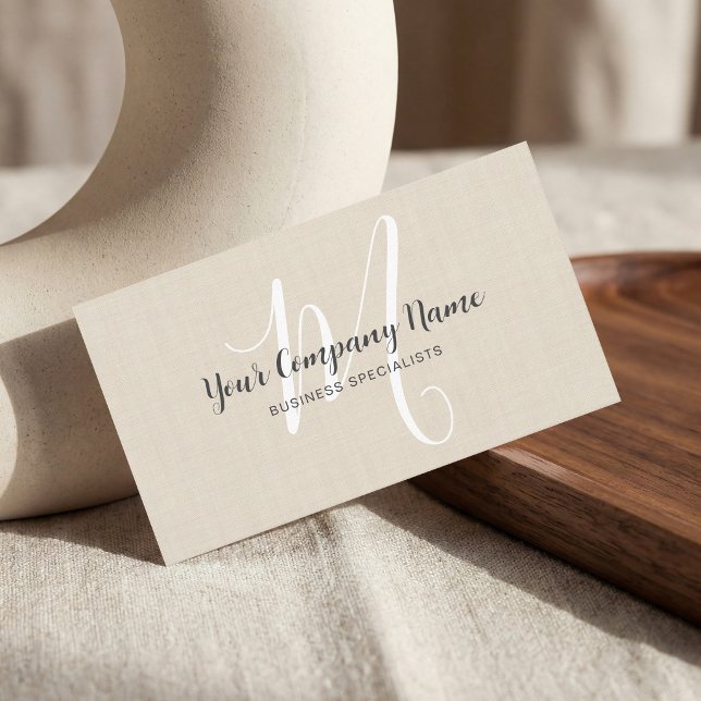 Beige Linen Creme Bold Monogram Initial Business Card (Creator Uploaded)