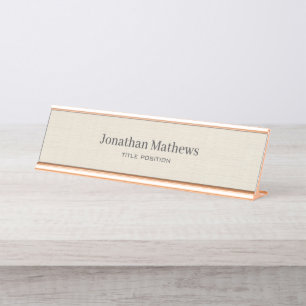 Beige Linen Creme Texture Simple Elegant Monogram Desk Name Plate