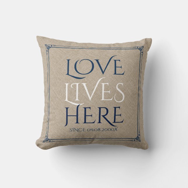 Beige Linen & Custom  Text-Love Lives Here Cushion (Front)