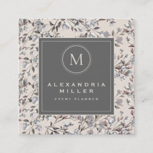 Beige Linen Elegant Floral   Monogram Medallion Square Business Card
