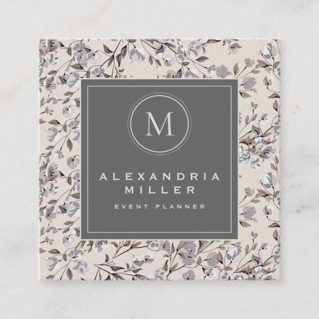 Beige Linen Elegant Floral | Monogram Medallion Square Business Card (Front)