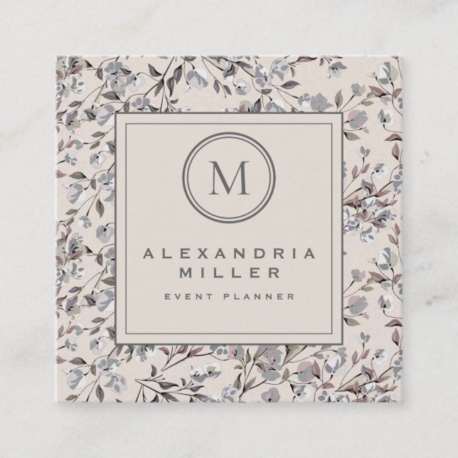 Beige Linen Elegant Floral | Monogram Square Business Card (Front)