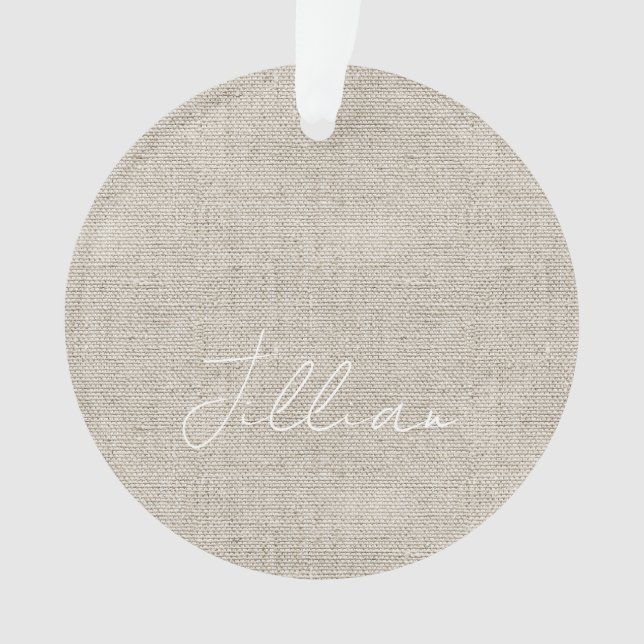 Beige Linen Fabric White NAME Timeless Keepsake Ornament (Front)