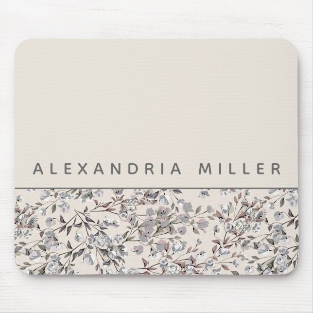 Beige Linen Floral | Personalised Name Mouse Mat (Front)