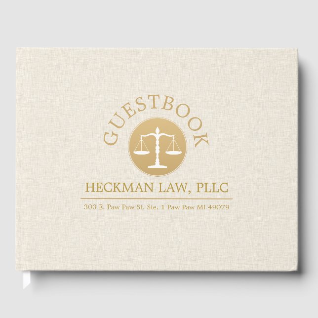 Beige Linen Gold Justice Logo Guest Book (Front)