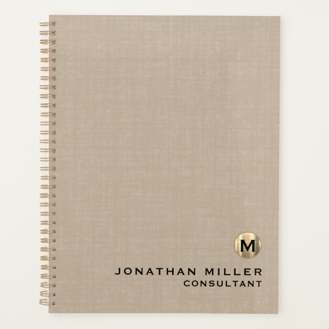 Beige Linen Gold Monogram Appointment Book Planner (Front)