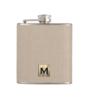 Beige Linen Gold Monogram Hip Flask