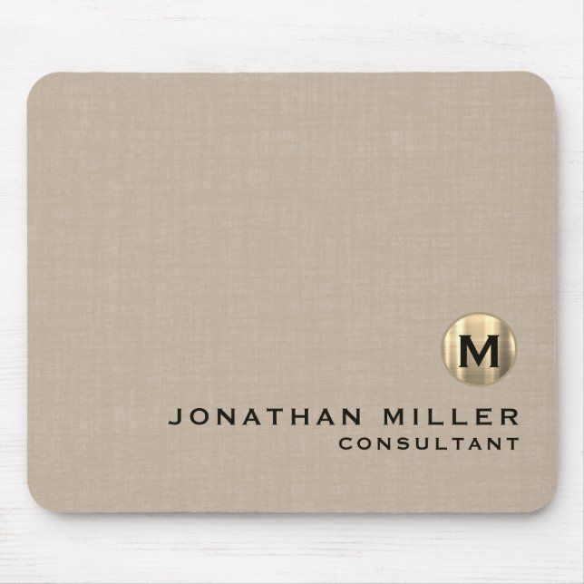Beige Linen Gold Monogram Mouse Mat (Front)