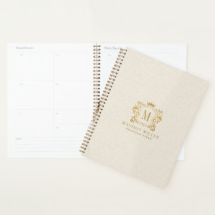 Beige Linen Gold Royal Crest Crown Monogram Planner