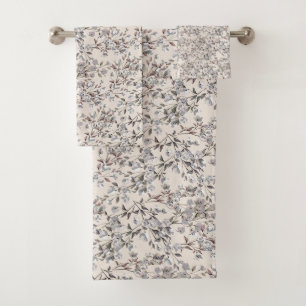 Beige Linen & Gray Dainty Floral Pattern Bath Towel Set