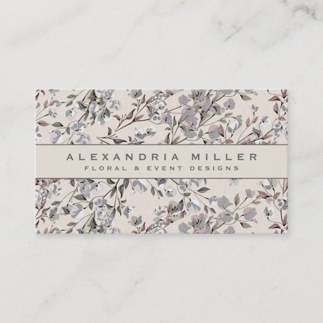 Beige Linen & Grey Elegant Dainty Floral Pattern Business Card (Front)