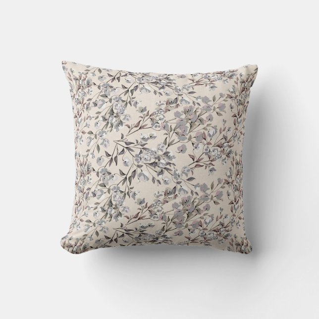 Beige Linen & Grey Elegant Dainty Floral Pattern Cushion (Front)