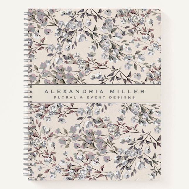 Beige Linen & Grey Elegant Dainty Floral Pattern Notebook (Front)