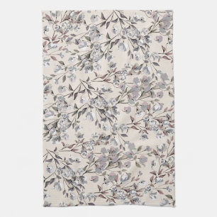 Beige Linen & Grey Elegant Dainty Floral Pattern Tea Towel