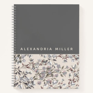 Beige Linen & Grey Floral Personalised Name Notebook
