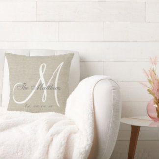 Beige Linen Grey White Monogram Family Keepsake Cushion