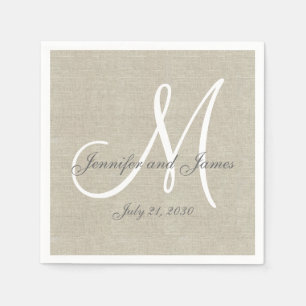Beige Linen Grey White Monogram Wedding Keepsake Napkin
