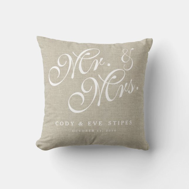 Beige Linen Initials Mr. and Mrs. Wedding Pillow (Front)