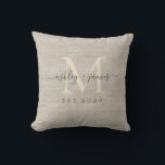 Beige Linen Ivory Monogram Script Wedding Keepsake Cushion<br><div class="desc">Elegant wedding keepsake beige woven linen effect pillow with text in off-black chic handwritten script calligraphy and stylish modern typography. Simply add your names, monogram and wedding date. Great luxury gift for the newlywed couple. Exclusively designed for you by Happy Dolphin Studio. If you need any help or matching products,...</div>