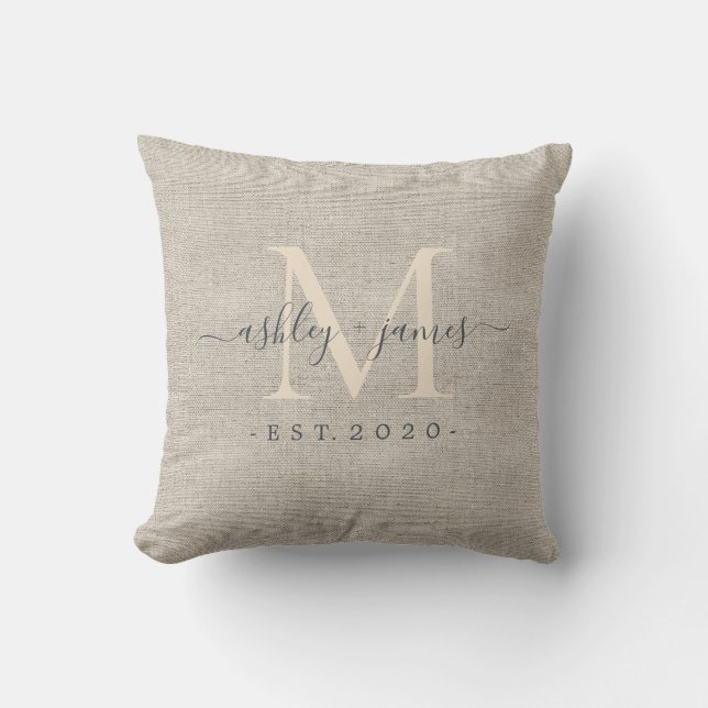 Beige Linen Ivory Monogram Script Wedding Keepsake Cushion (Front)