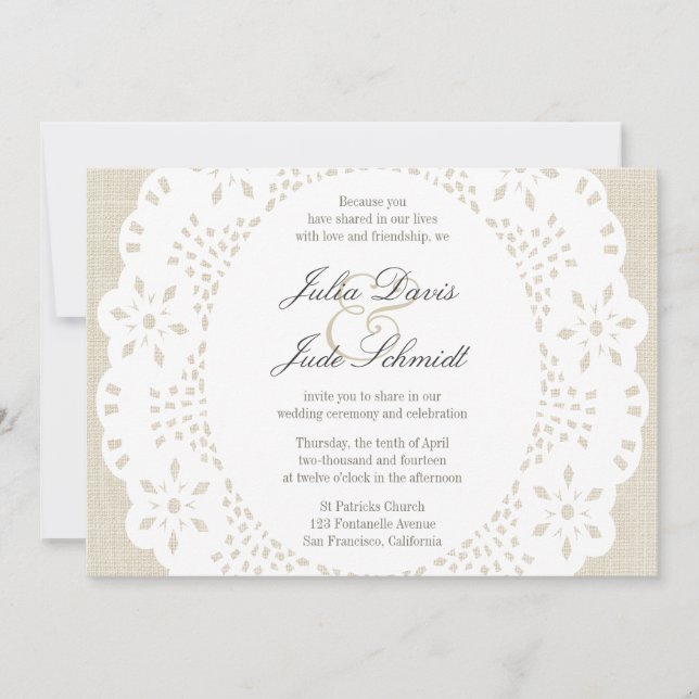 Beige Linen & Lace Doilie : Invitation (Front)