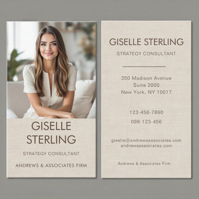 Beige Linen Minimal Professional Photo Modern Business Card (Creator Uploaded)