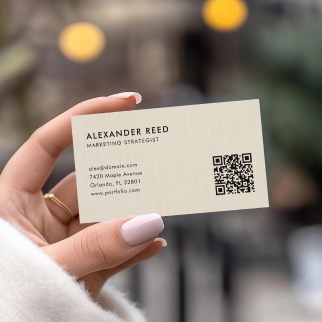 Beige Linen Minimalist Scannable QR Code Logo Business Card (Creator Uploaded)