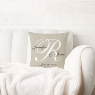 Beige Linen Monogram Newlywed Wedding Keepsake Cushion