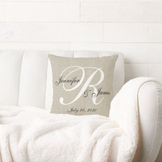 Beige Linen Monogram Newlywed Wedding Keepsake Cushion