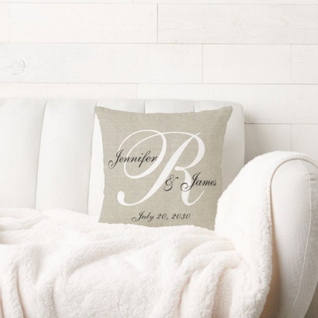 Beige Linen Monogram Newlywed Wedding Keepsake Cushion (Creator Uploaded)