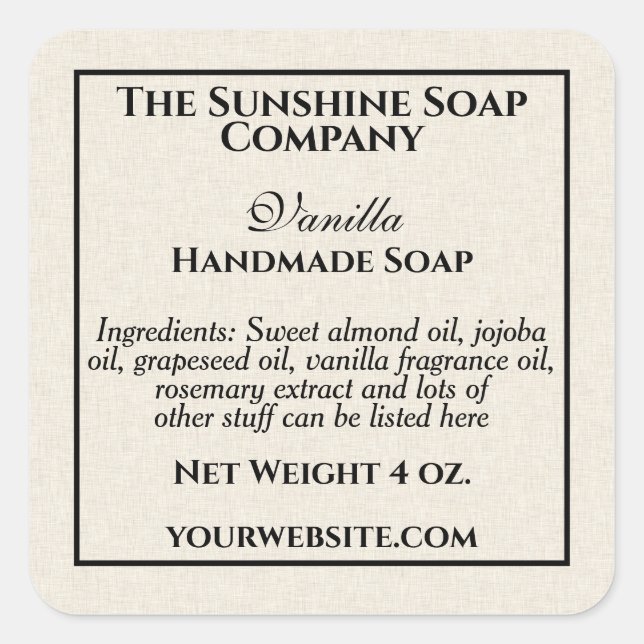 Beige linen paper style soap cosmetics square sticker (Front)
