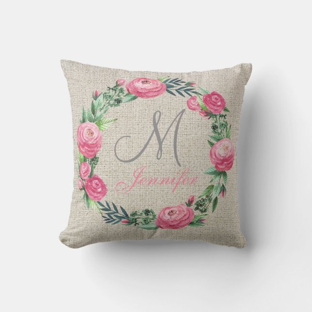 BEIGE LINEN PINK ROSES AND WATERCOLOR LEAVES CUSHION (Front)