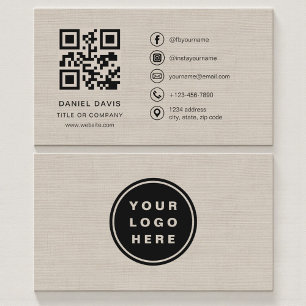 Beige Linen Professional Company Logo QR Code Business Card