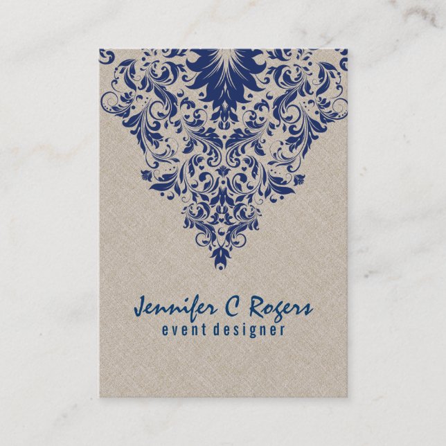 Beige Linen Royal Blue Floral Lace Event Designer Business Card (Front)