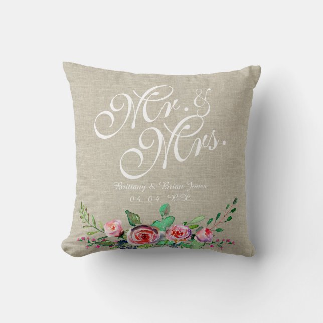 Beige Linen Rustic Floral Mr. Mrs. Wedding Cushion (Front)