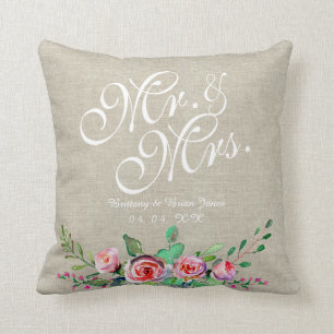 Beige Linen Rustic Floral Mr. Mrs. Wedding Cushion
