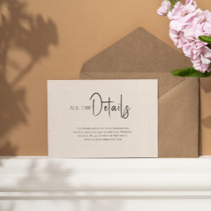 Beige linen Simple Black Script Wedding Details Invitation