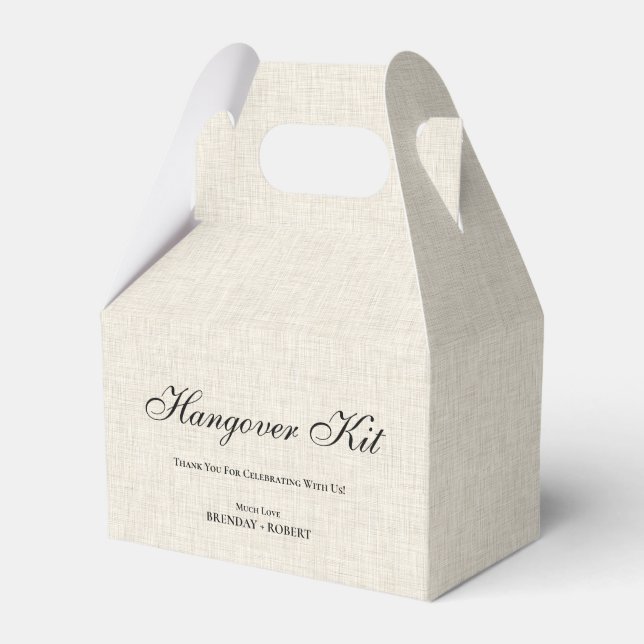 Beige linen Simple Script Hangover Recovery Kit Favour Box (Front Side)
