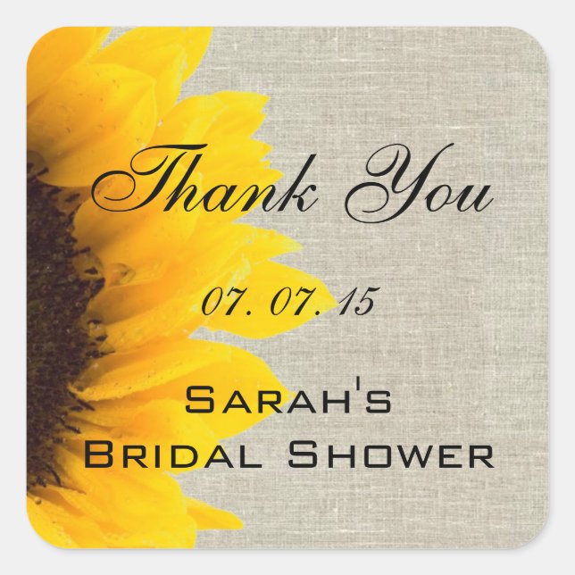 Beige Linen Sunflower Thank You Bridal Shower Square Sticker (Front)
