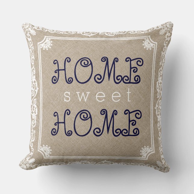 Beige Linen White Frame Home Sweet Home Cushion (Front)